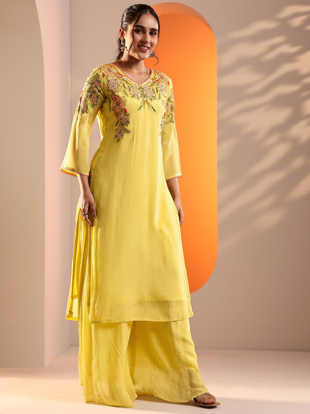  Yellow Embroidered Chinon Straight Suit Set With Dupatta 