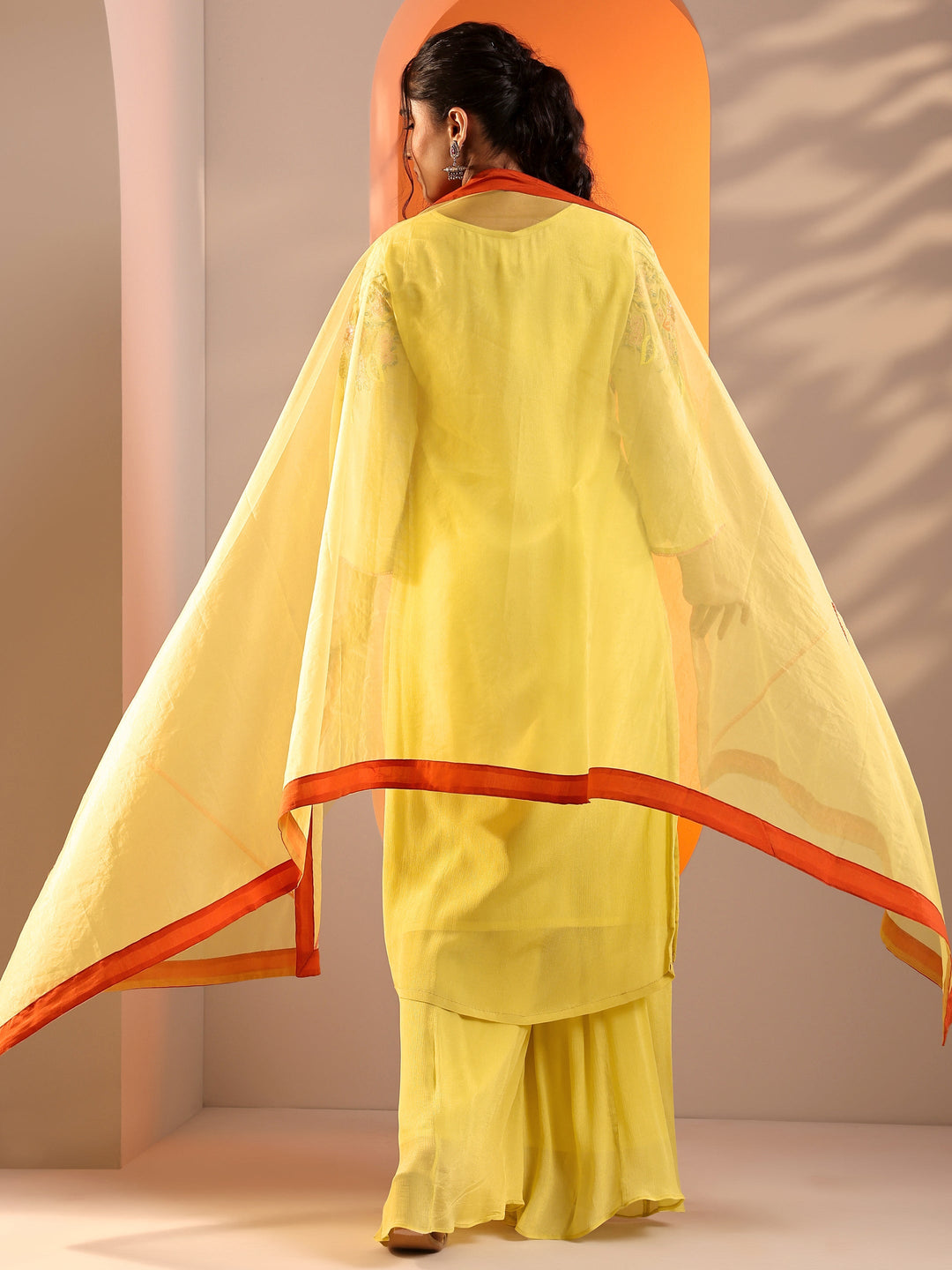  Yellow Embroidered Chinon Straight Suit Set With Dupatta 