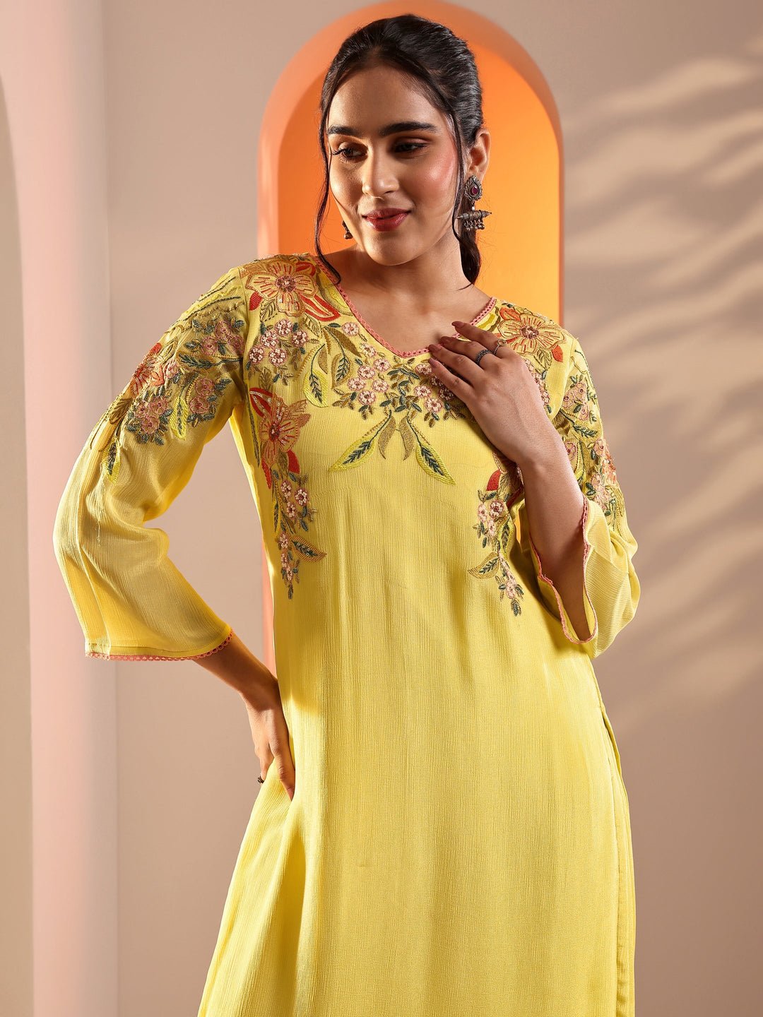  Yellow Embroidered Chinon Straight Suit Set With Dupatta 