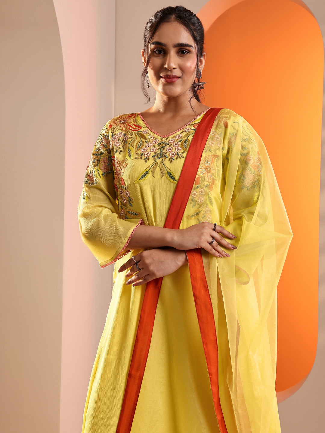  Yellow Embroidered Chinon Straight Suit Set With Dupatta 