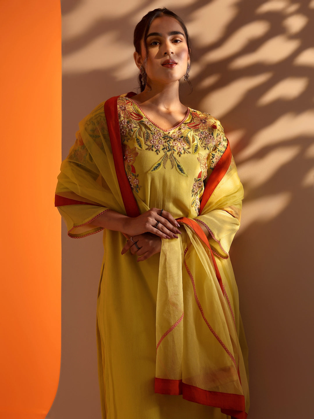  Yellow Embroidered Chinon Straight Suit Set With Dupatta 