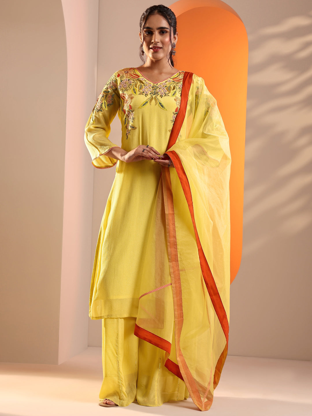  Yellow Embroidered Chinon Straight Suit Set With Dupatta 