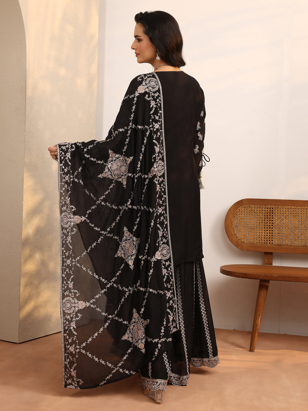  Libas Art Black Embroidered Chinon Straight Suit Set With Dupatta 