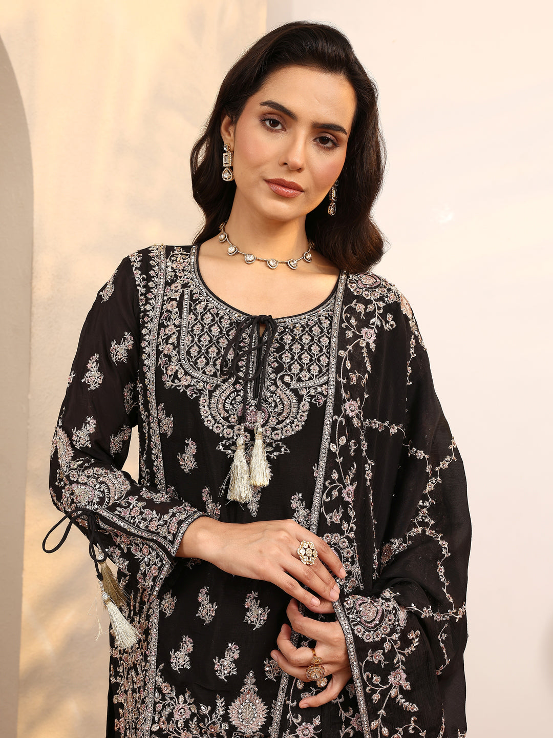  Libas Art Black Embroidered Chinon Straight Suit Set With Dupatta 