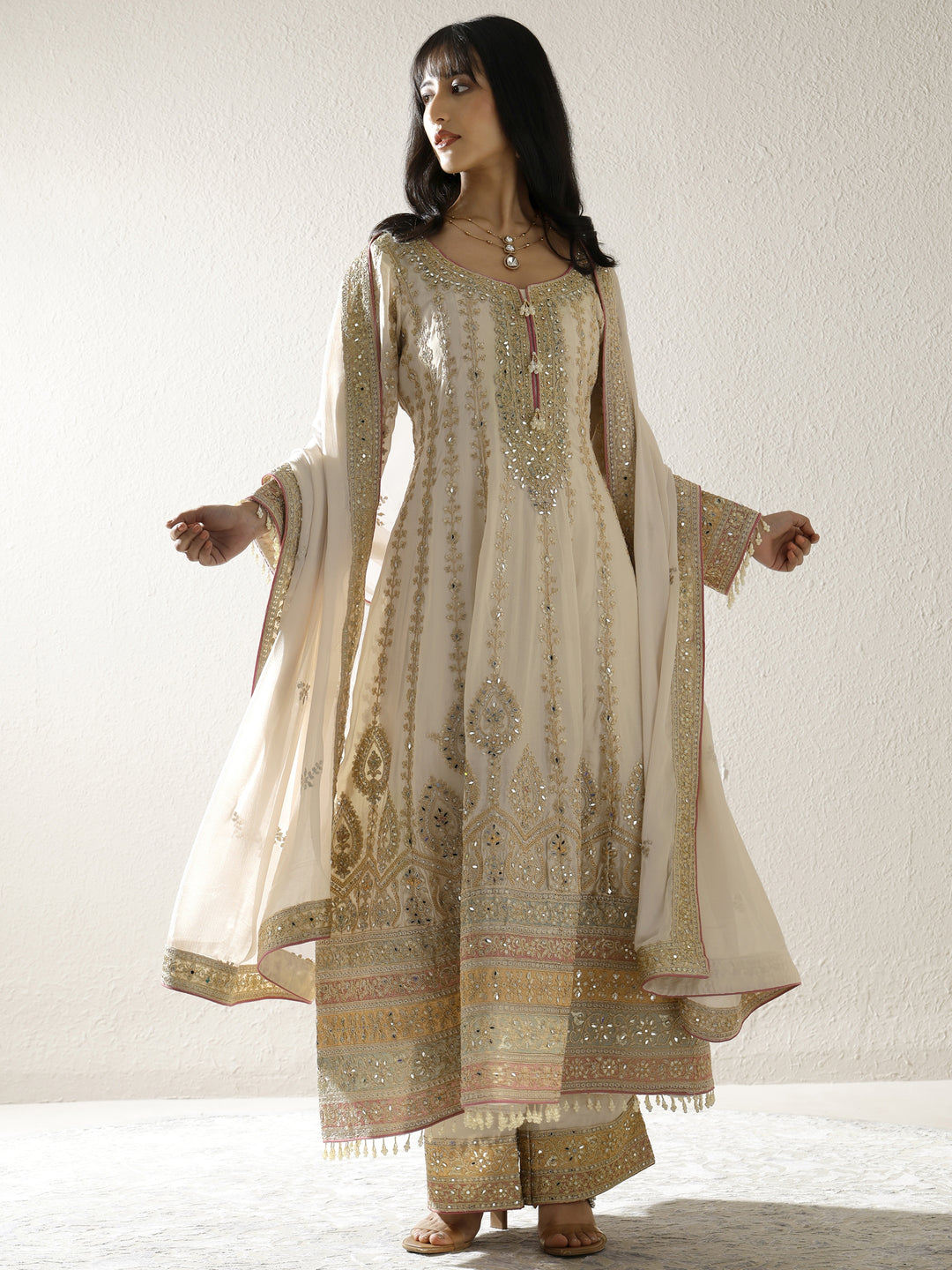  Libas Art Gold Embroidered Chinon Anarkali Suit Set With Dupatta 