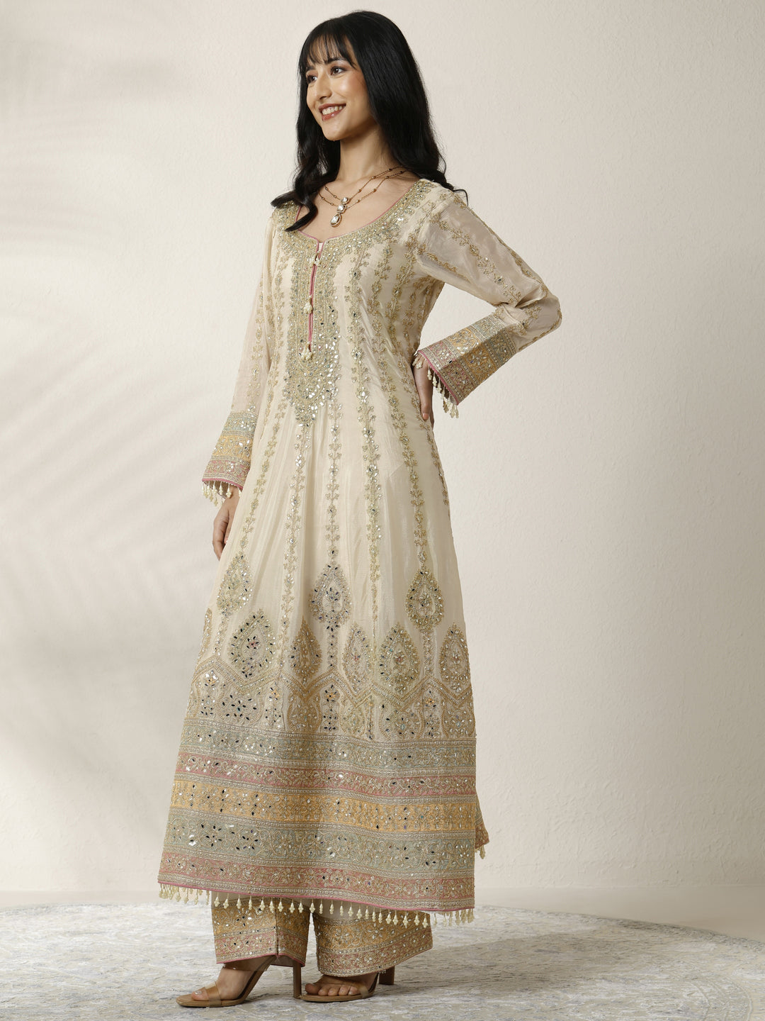  Libas Art Gold Embroidered Chinon Anarkali Suit Set With Dupatta 