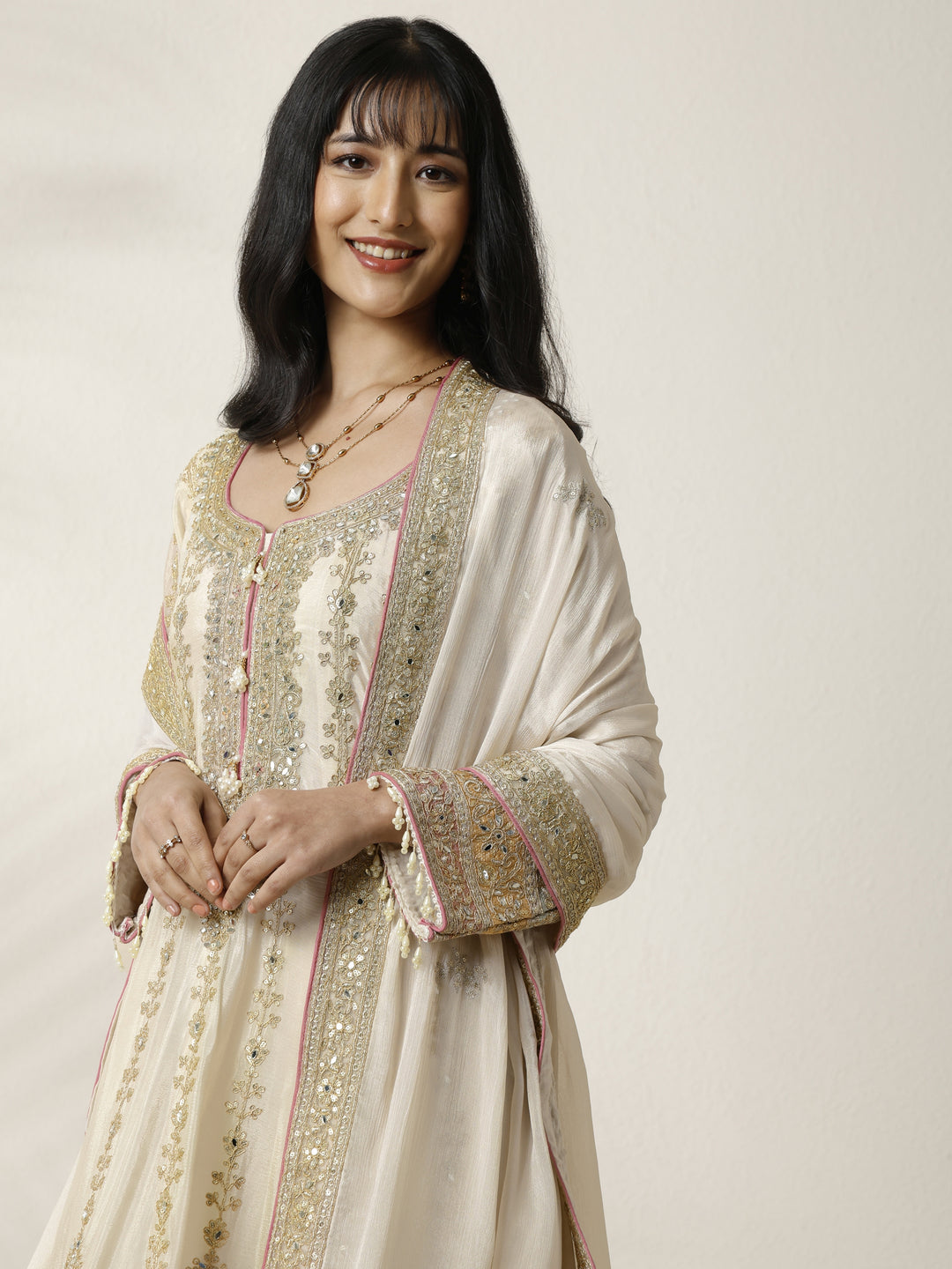  Libas Art Gold Embroidered Chinon Anarkali Suit Set With Dupatta 