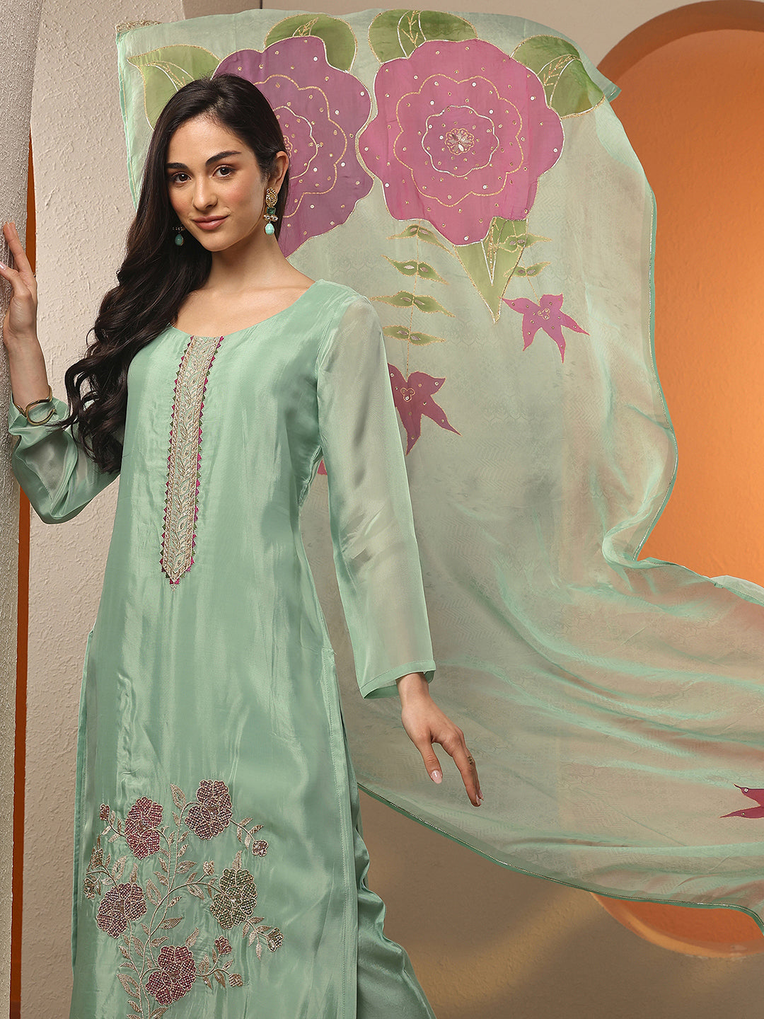  Libas Art Green Embellished Crepe Straight Suit Set With Dupatta 