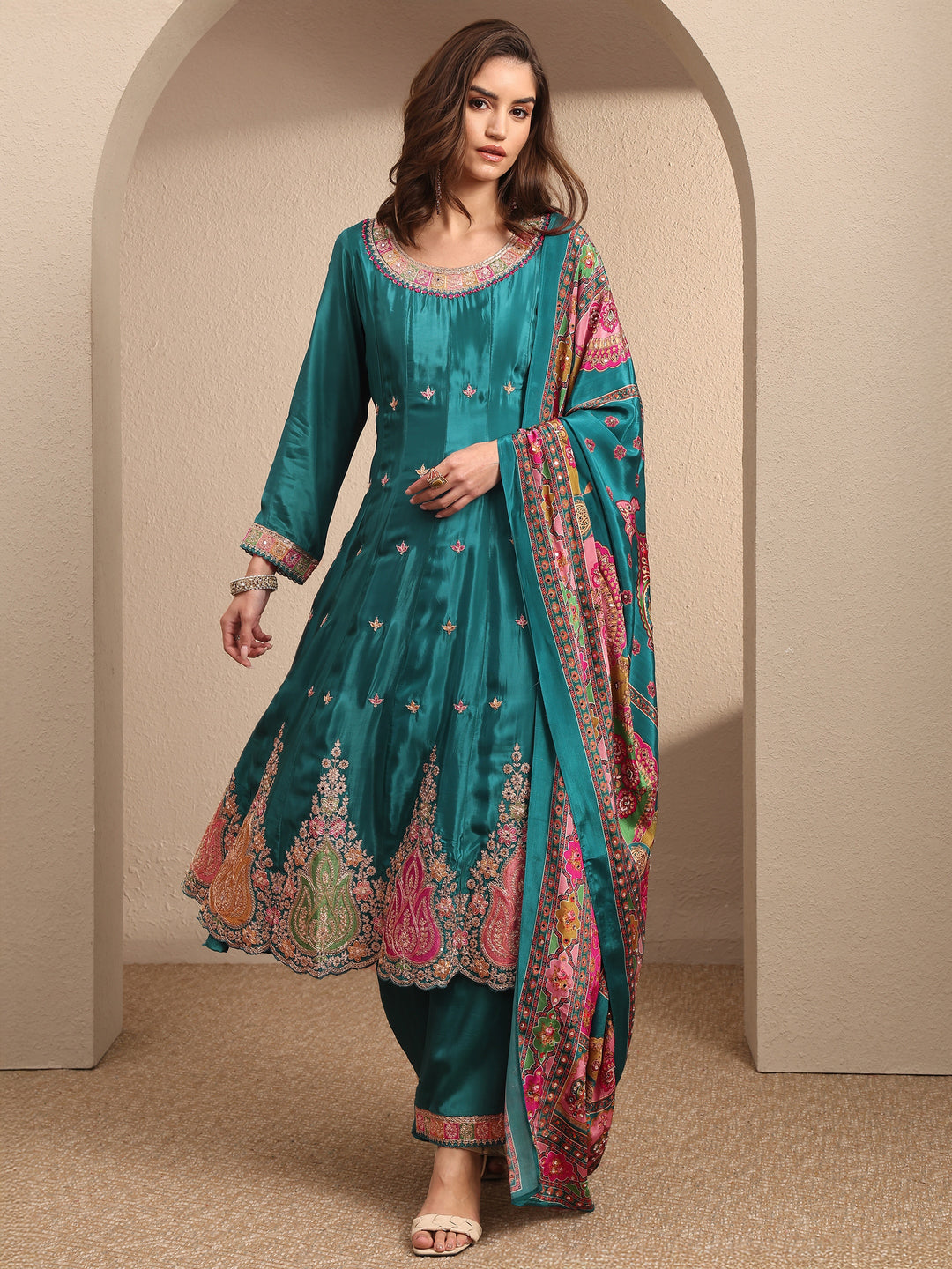  Libas Art Blue Embroidered Crepe Anarkali Suit Set With Dupatta 