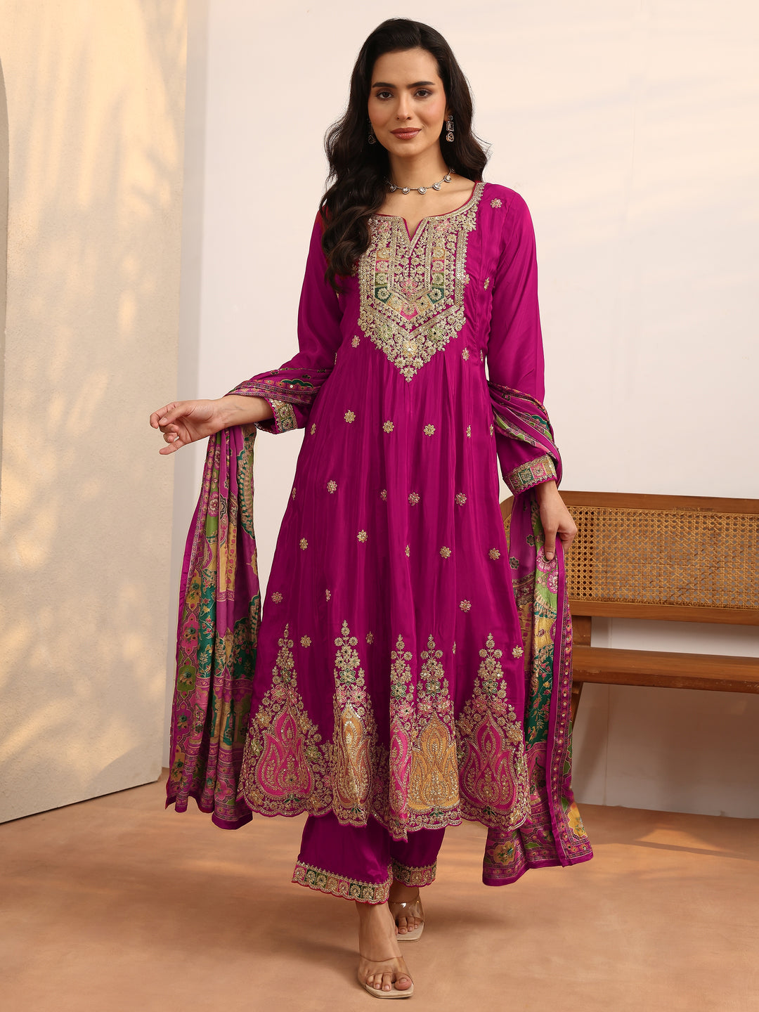  Libas Art Pink Embroidered Crepe Anarkali Suit Set With Dupatta 