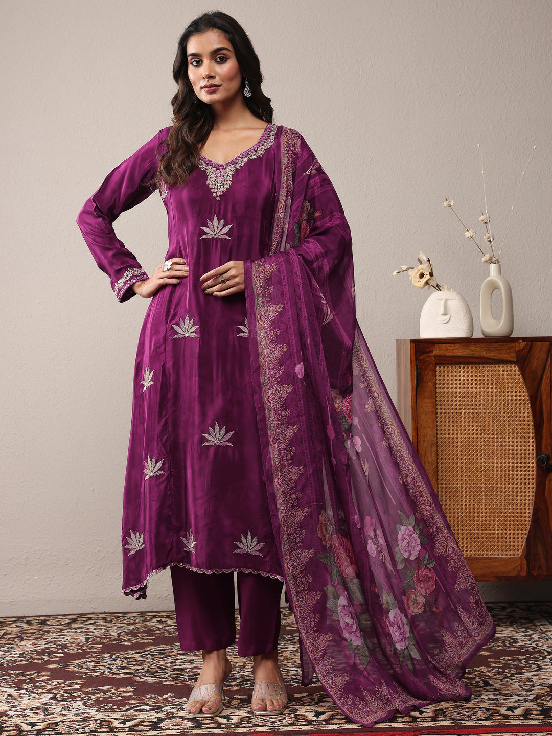  Burgundy Embroidered Silk Crepe A-Line Suit Set With Dupatta 