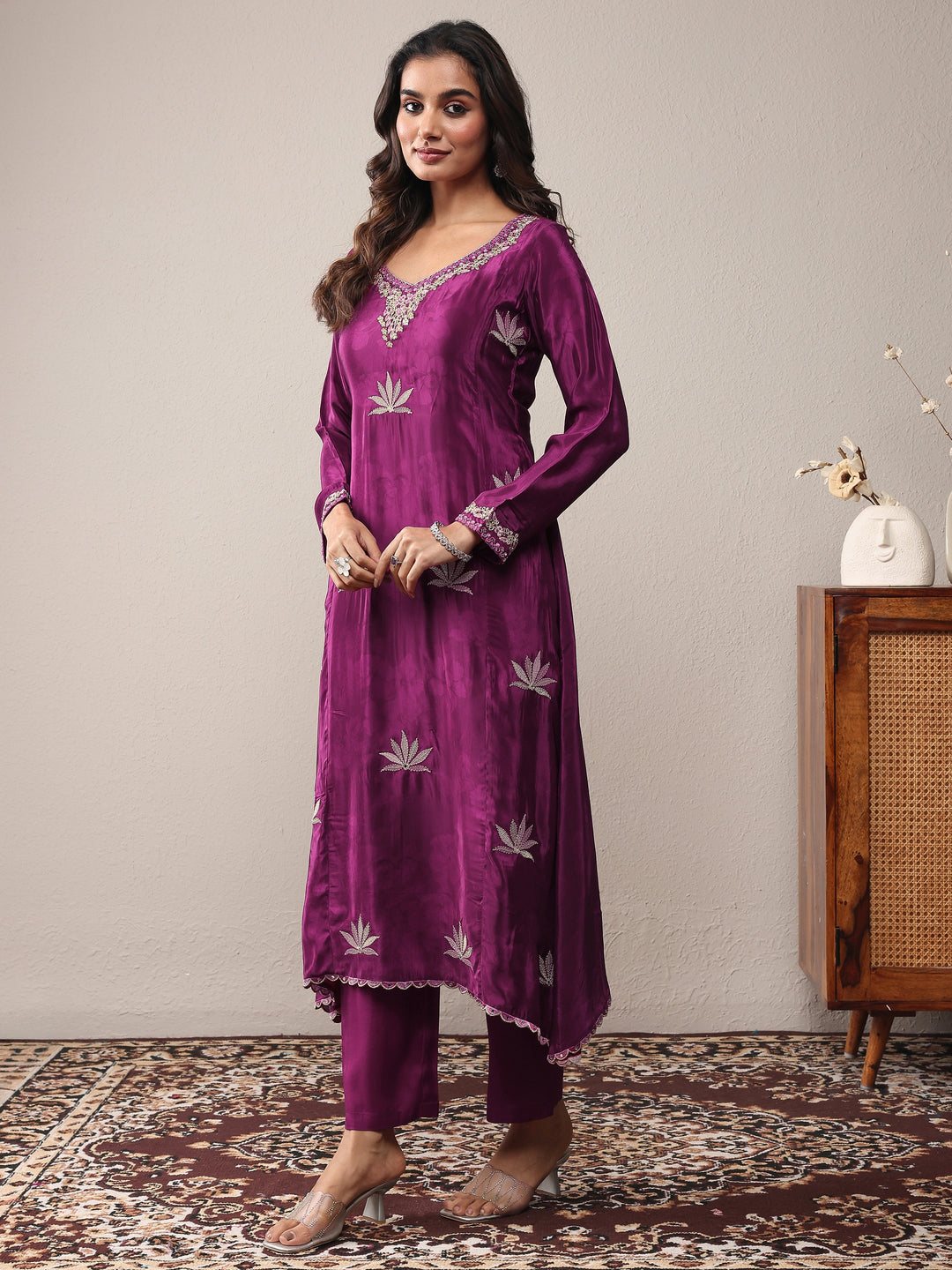  Burgundy Embroidered Silk Crepe A-Line Suit Set With Dupatta 