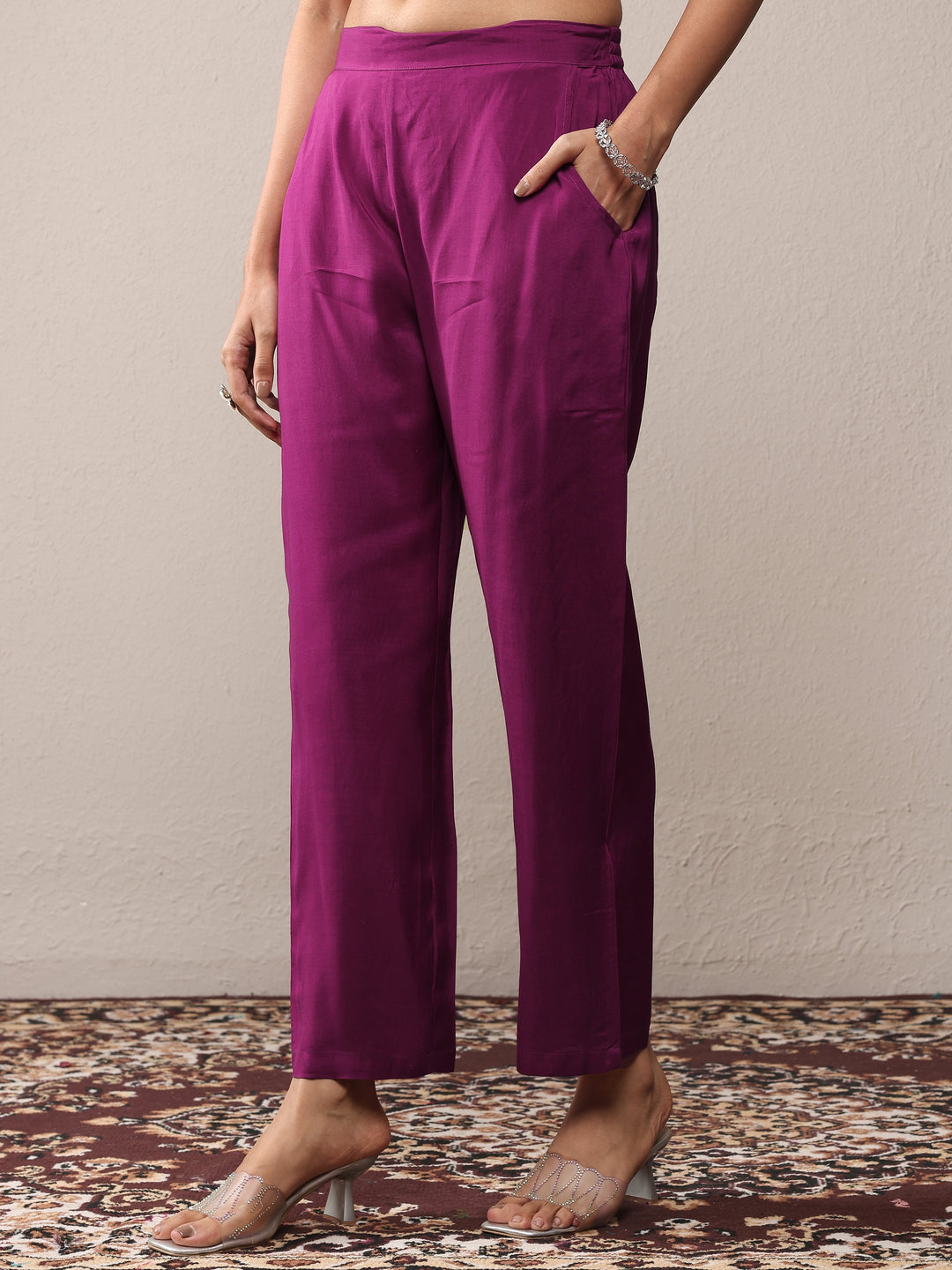  Burgundy Embroidered Silk Crepe A-Line Suit Set With Dupatta 