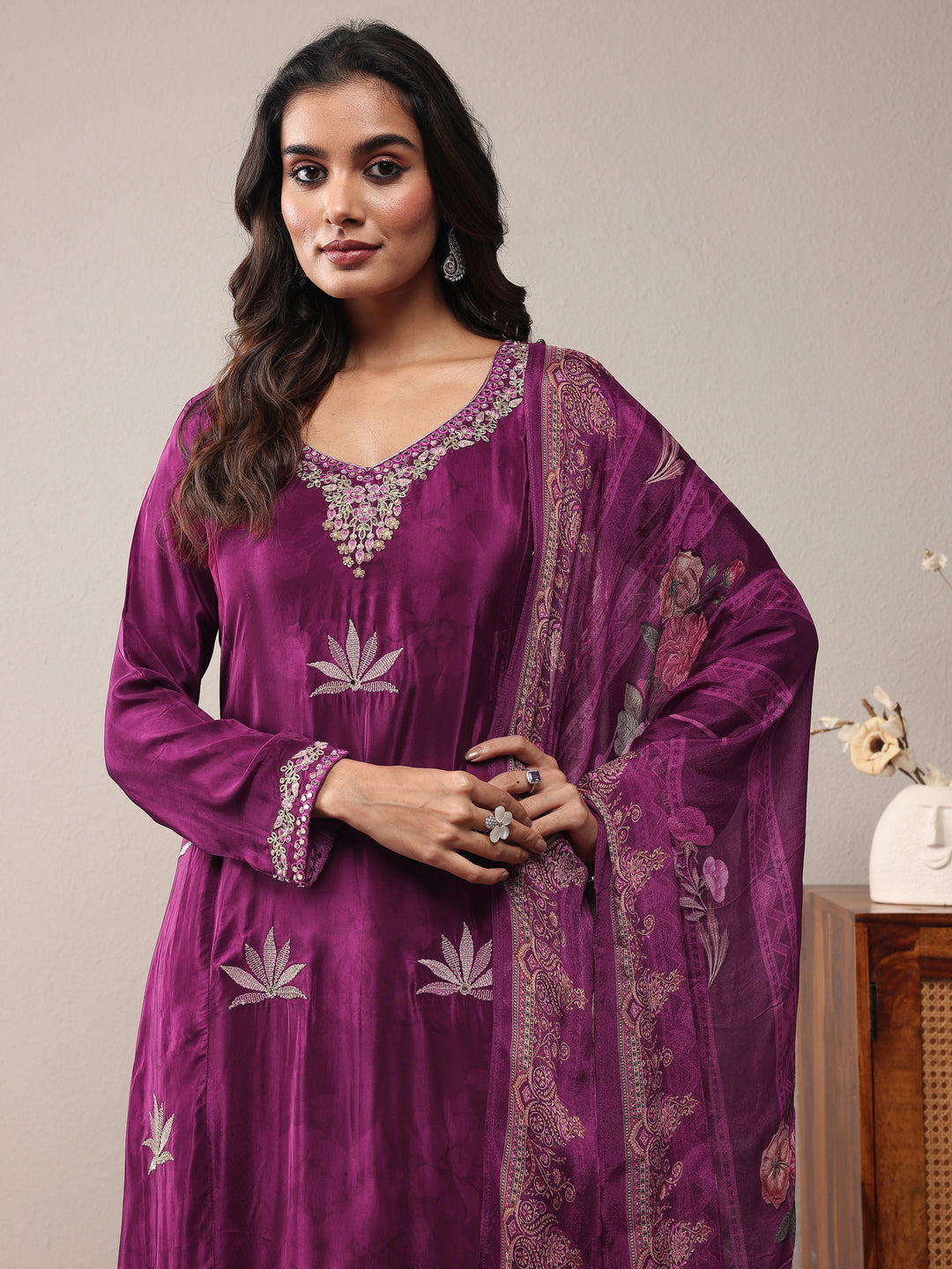  Burgundy Embroidered Silk Crepe A-Line Suit Set With Dupatta 