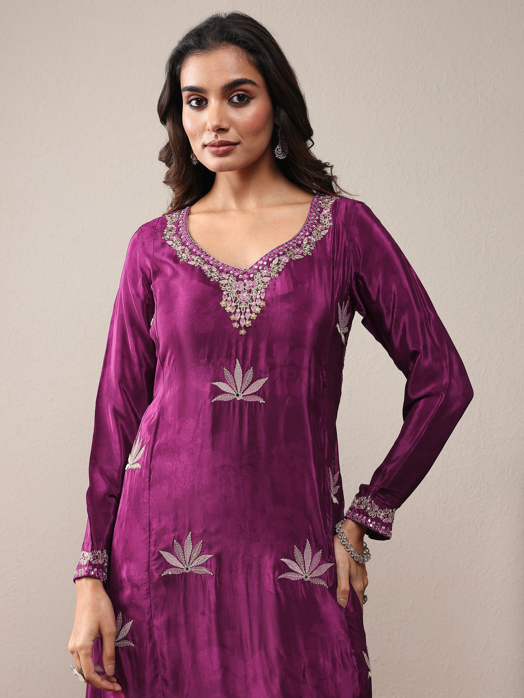  Burgundy Embroidered Silk Crepe A-Line Suit Set With Dupatta 