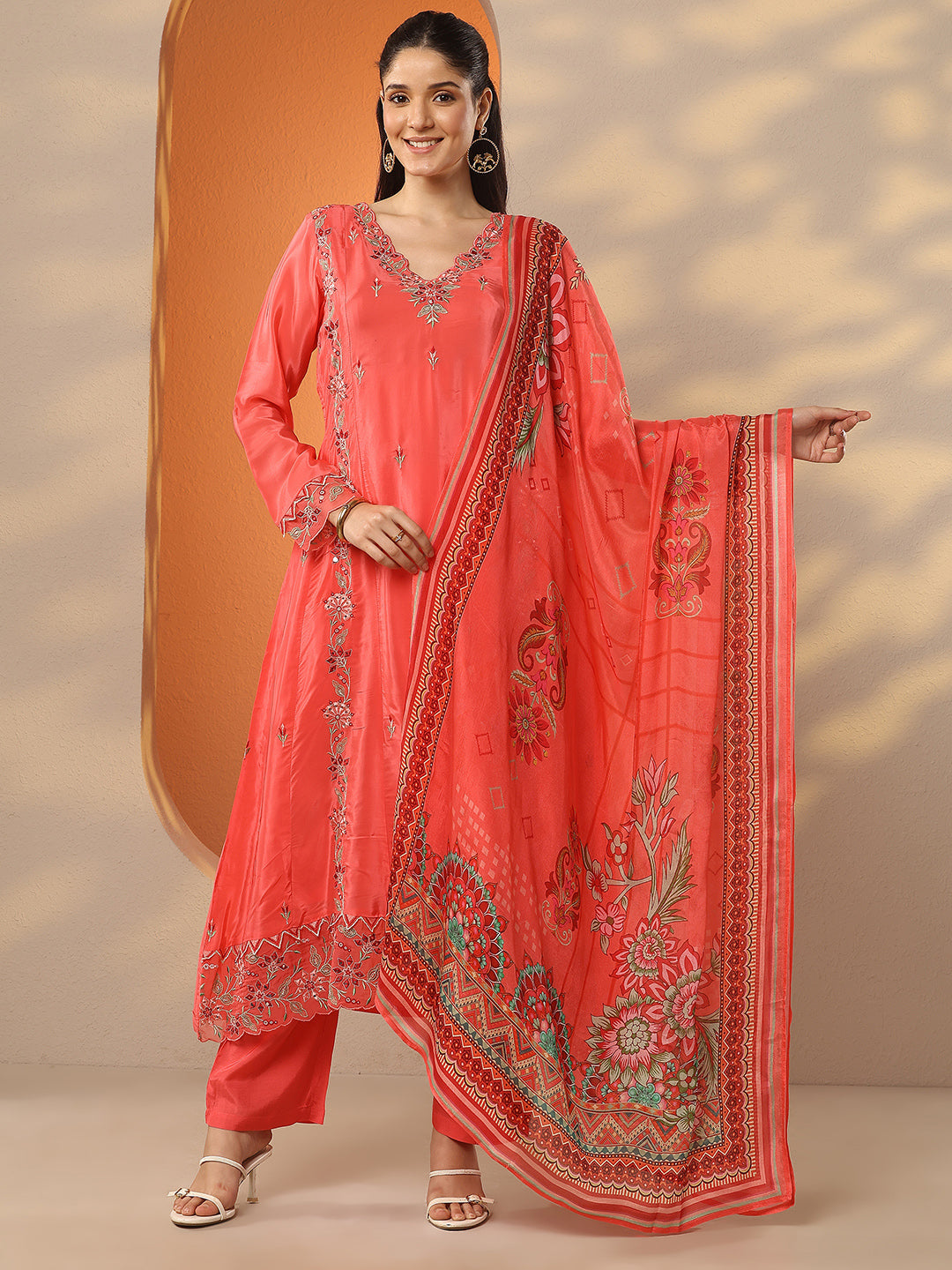  Coral Embroidered Crepe A-Line Suit Set With Dupatta 
