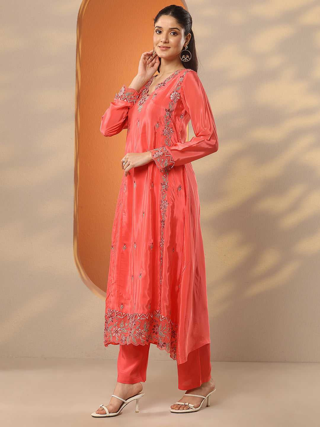  Coral Embroidered Crepe A-Line Suit Set With Dupatta 