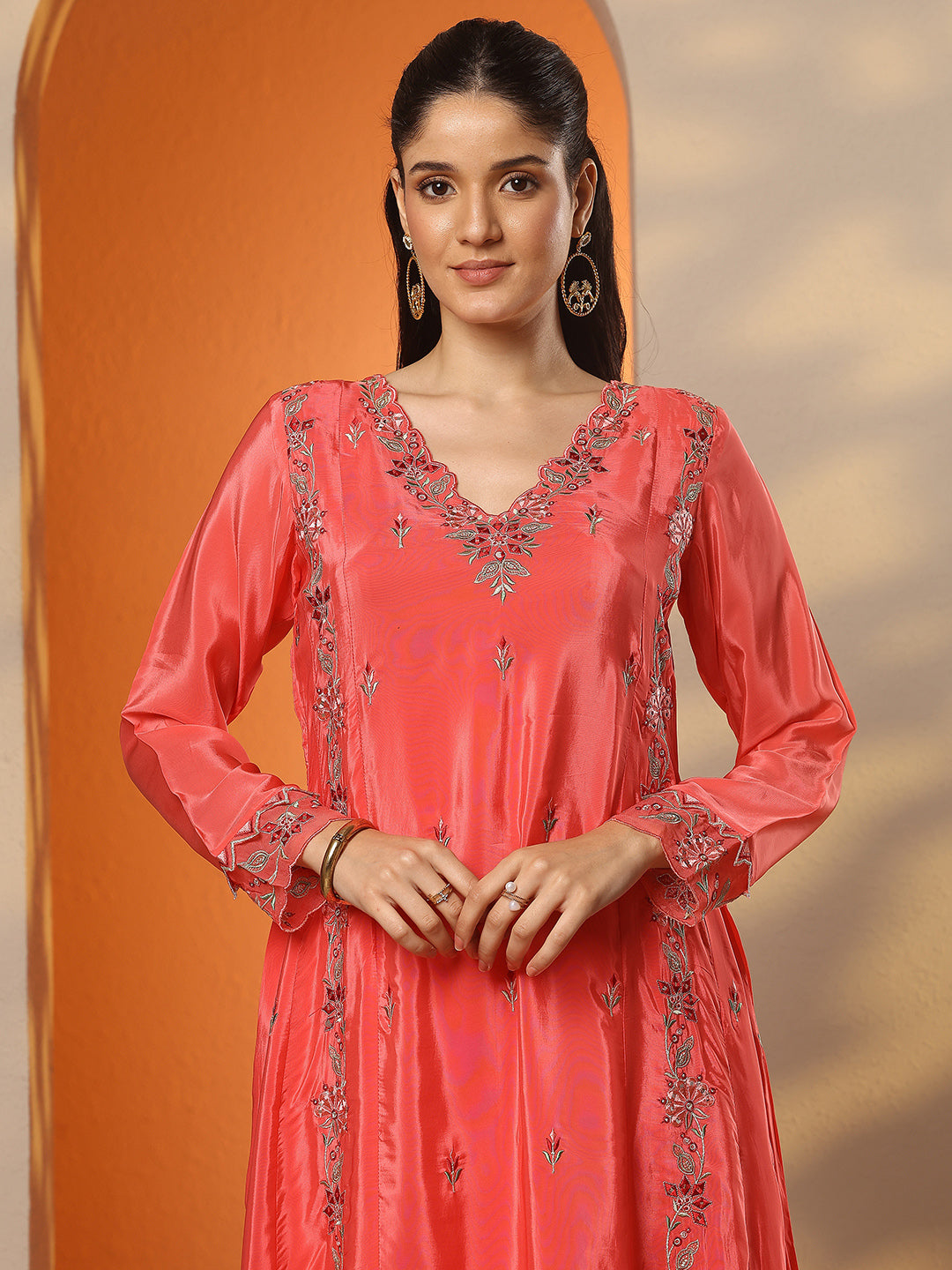  Coral Embroidered Crepe A-Line Suit Set With Dupatta 