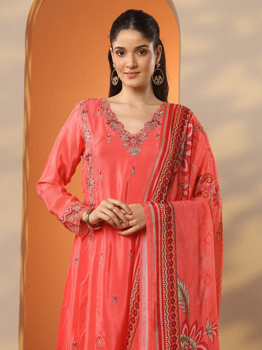  Coral Embroidered Crepe A-Line Suit Set With Dupatta 
