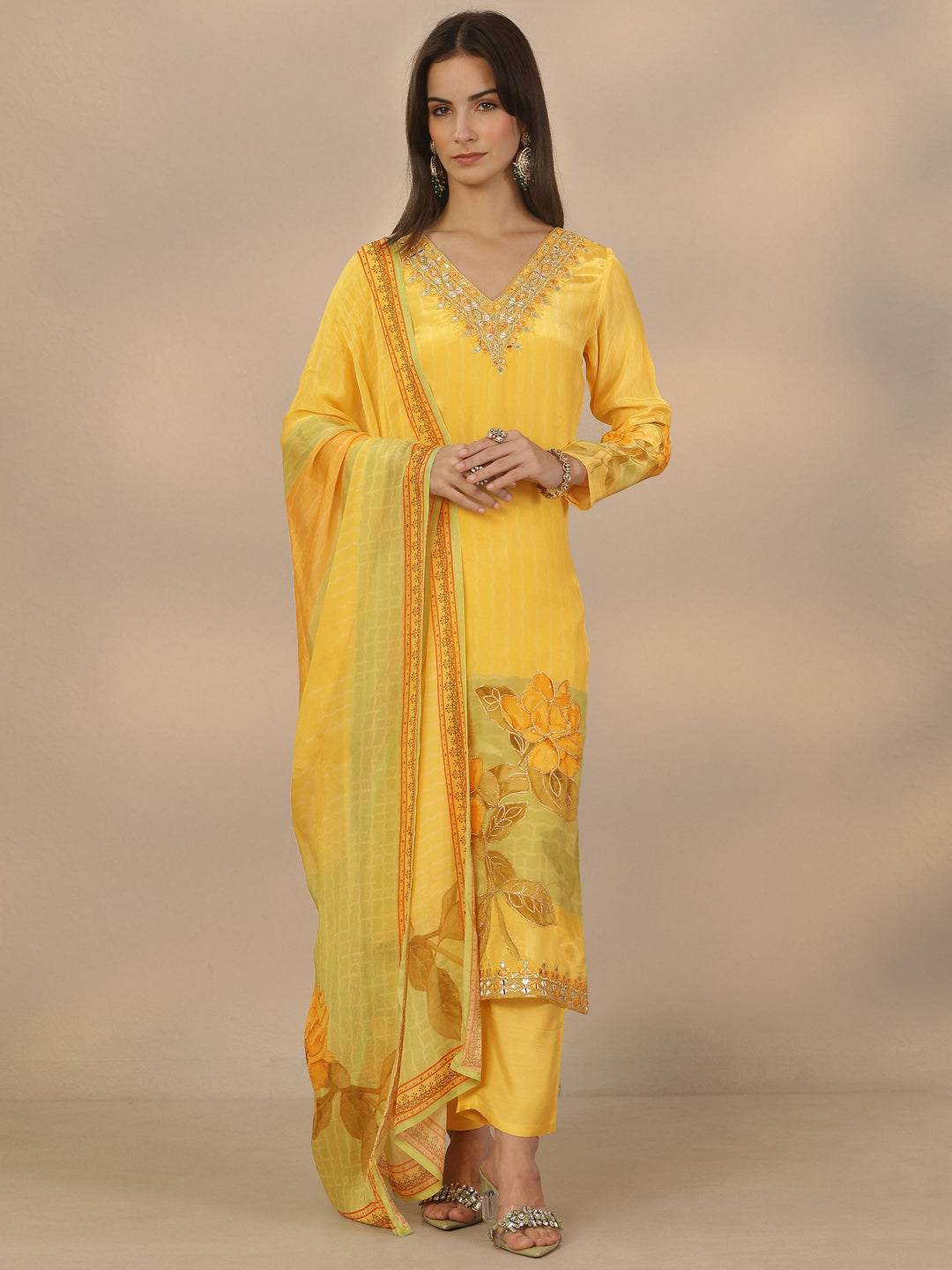  Yellow Embroidered Crepe Straight Suit Set With Dupatta 