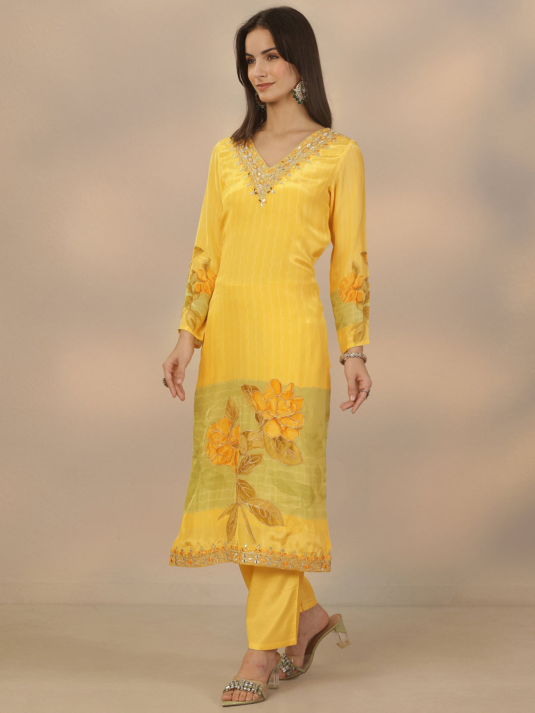  Yellow Embroidered Crepe Straight Suit Set With Dupatta 