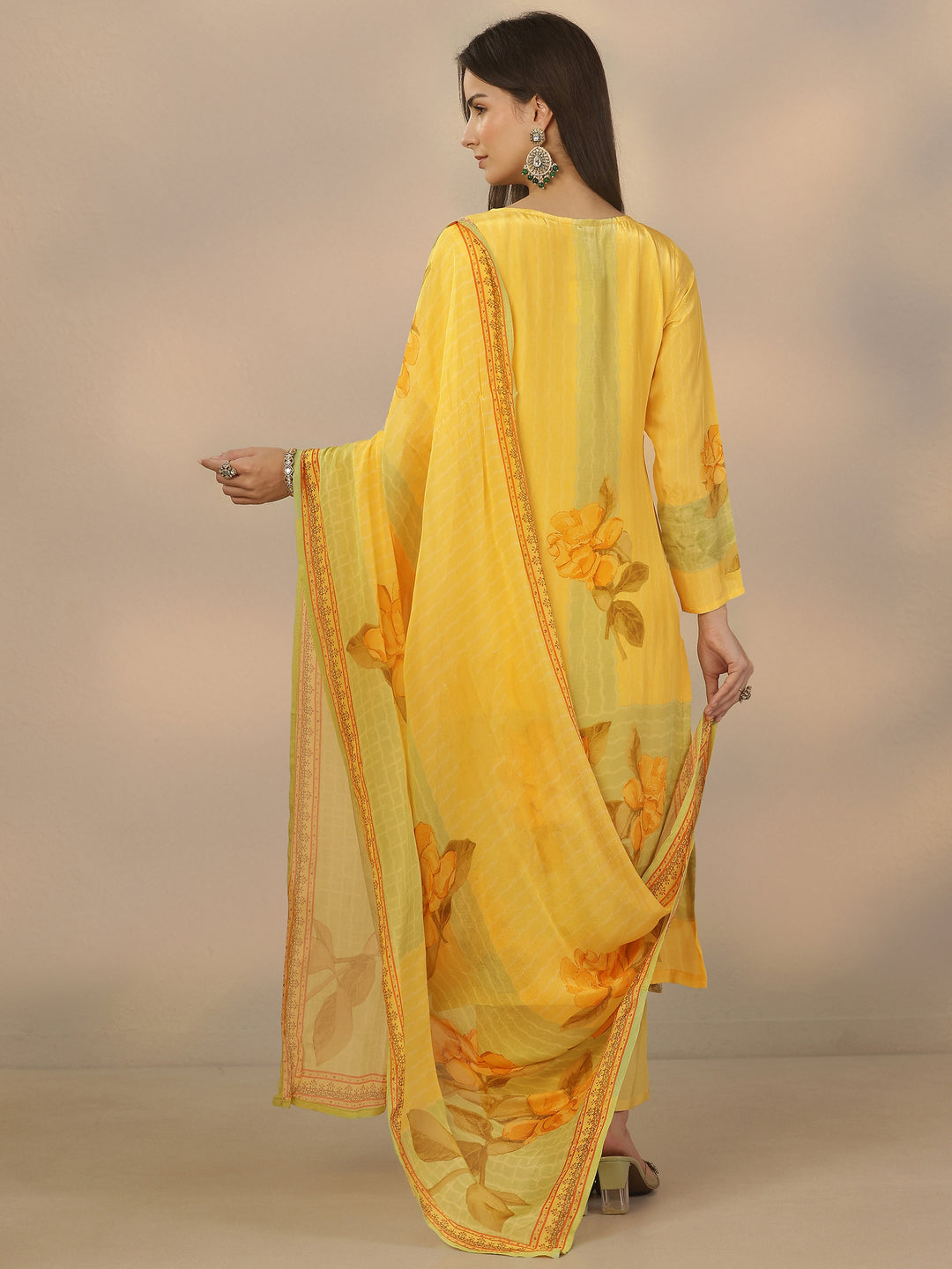 Yellow Embroidered Crepe Straight Suit Set With Dupatta 