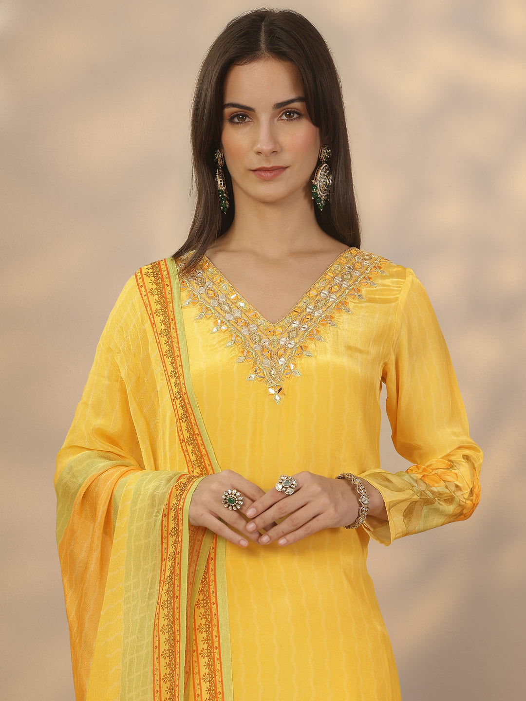  Yellow Embroidered Crepe Straight Suit Set With Dupatta 