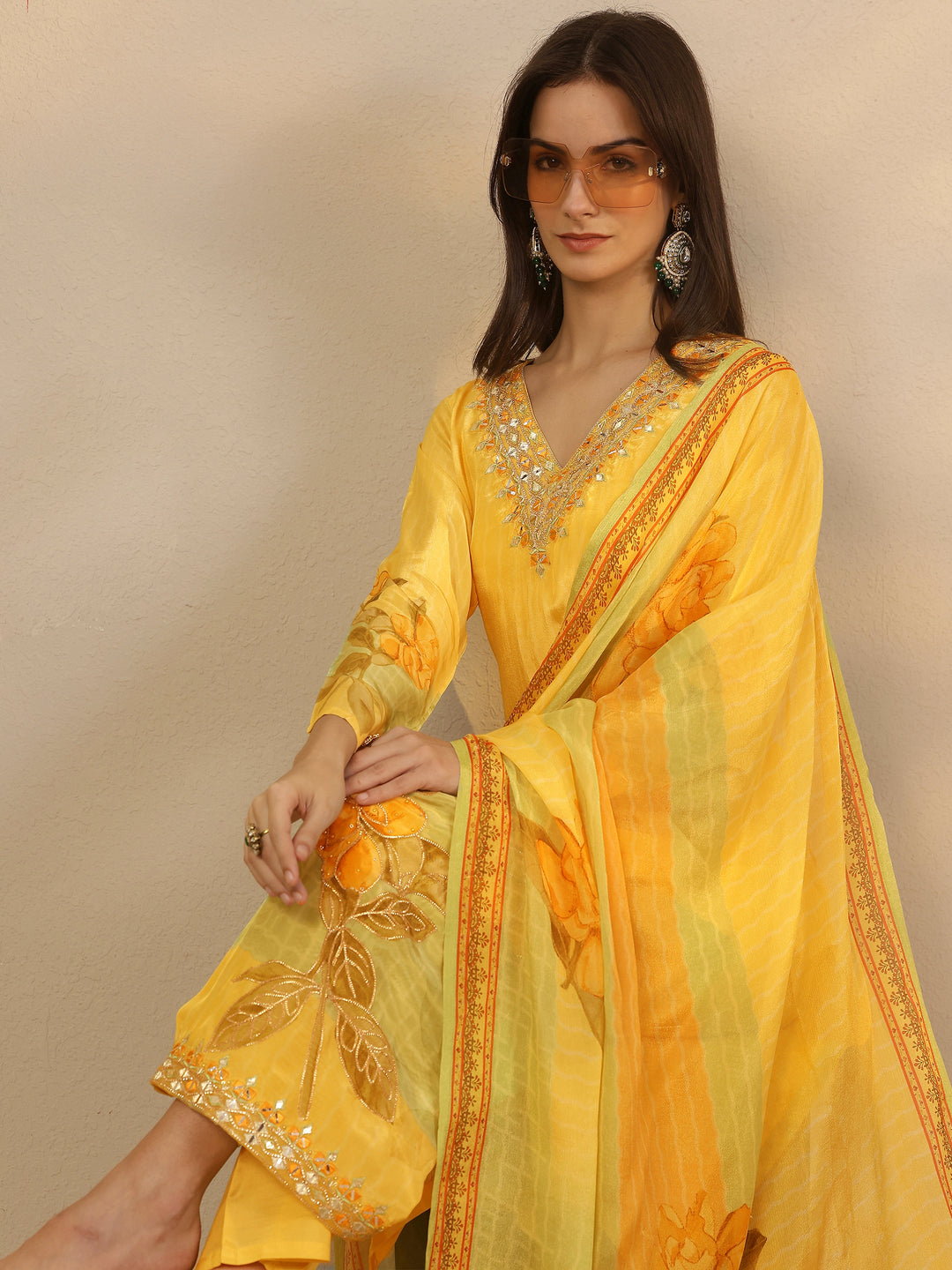  Yellow Embroidered Crepe Straight Suit Set With Dupatta 