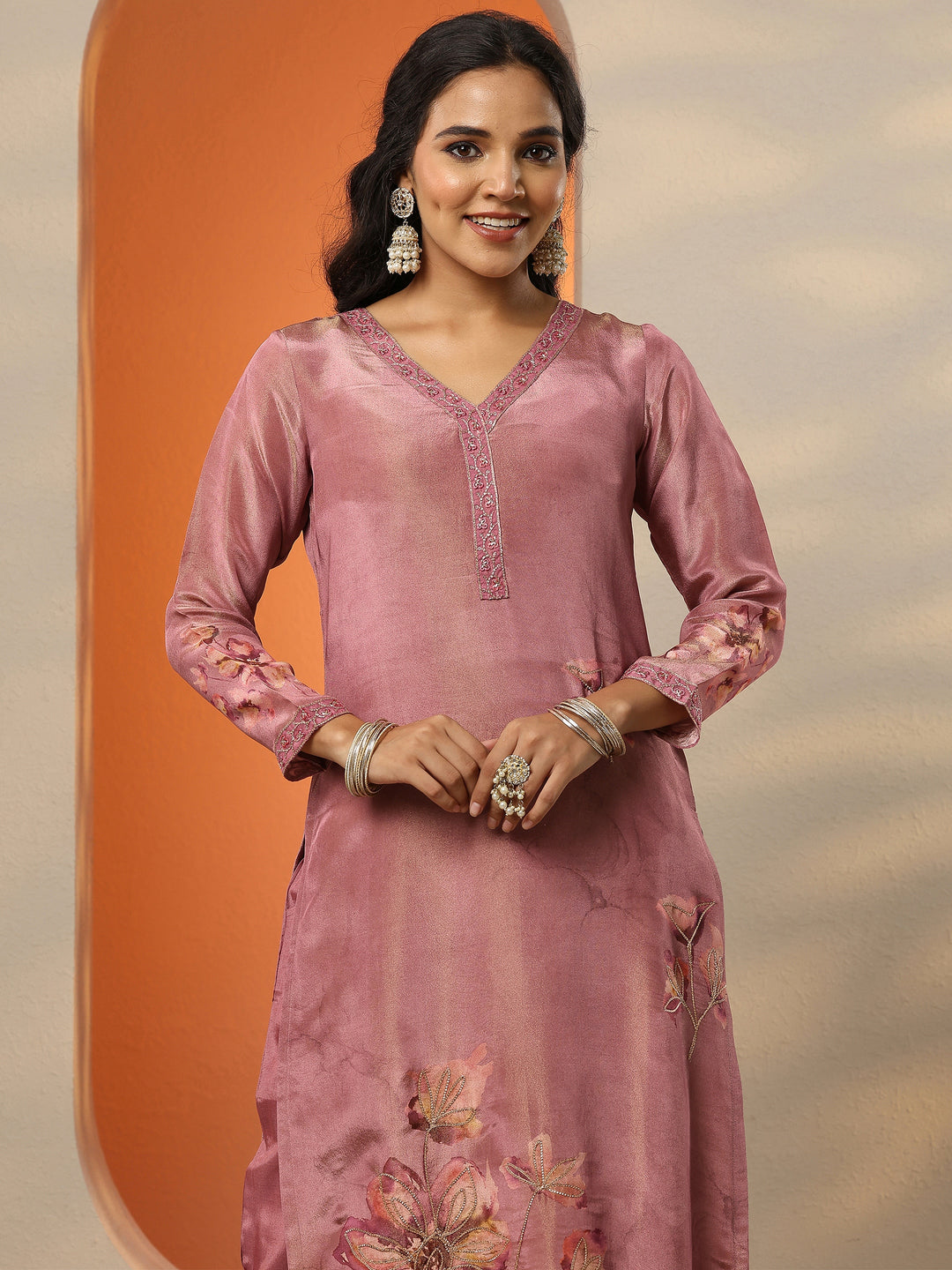  Pink Embroidered Silk Blend Straight Suit Set With Dupatta 