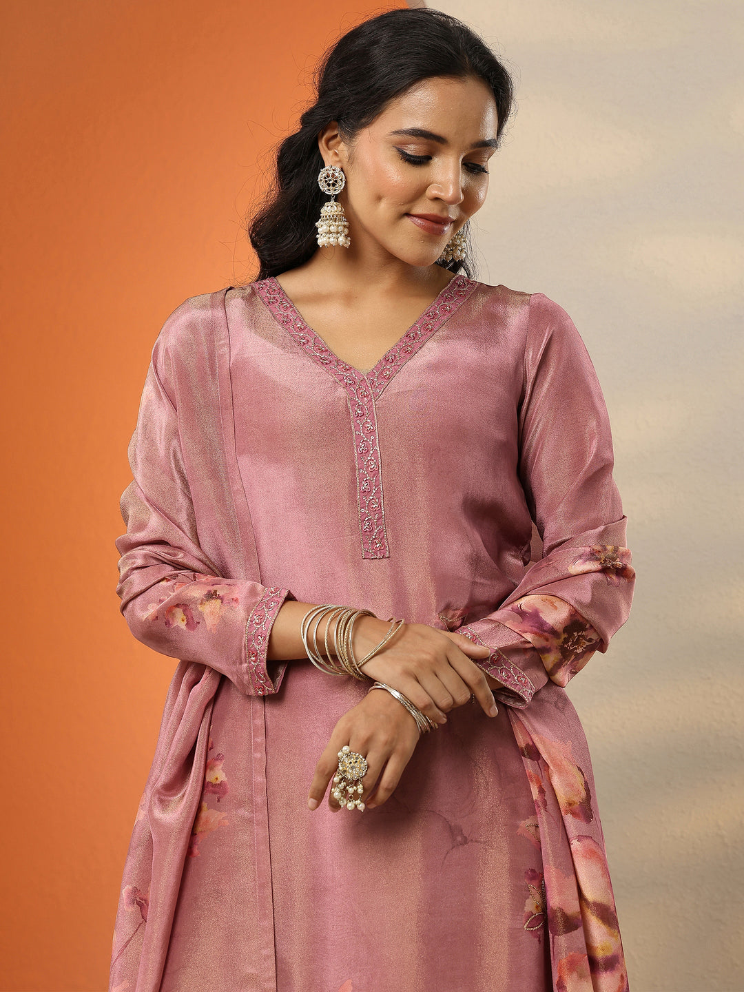  Pink Embroidered Silk Blend Straight Suit Set With Dupatta 
