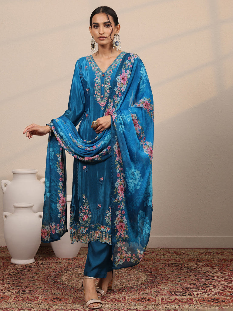 Libas Blue Embroidered Crepe Straight Suit Set With Dupatta