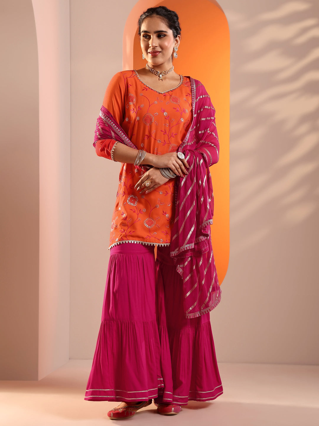  Orange Embroidered Rayon Straight Suit Set With Dupatta 