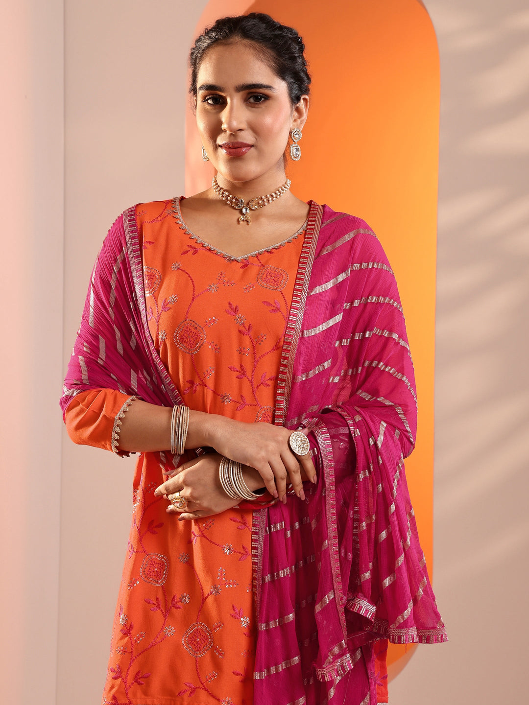  Orange Embroidered Rayon Straight Suit Set With Dupatta 