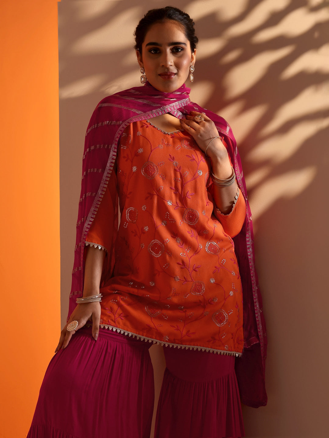  Orange Embroidered Rayon Straight Suit Set With Dupatta 