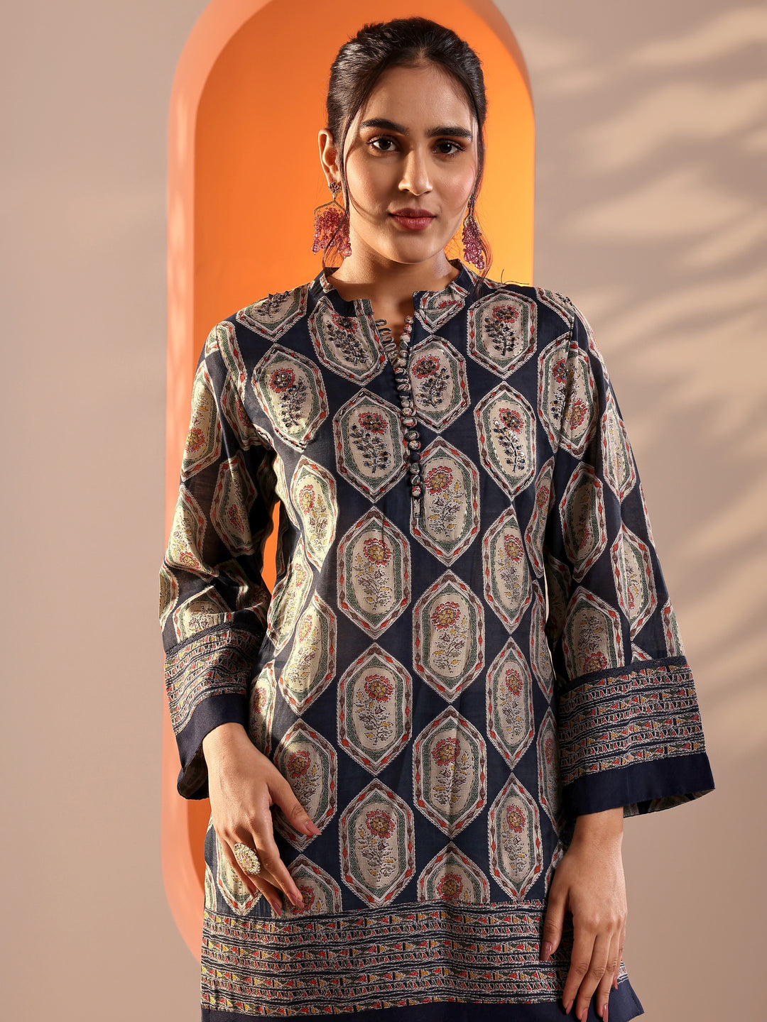  Navy Blue Embellished Silk Blend Straight Suit Set With Dupatta 