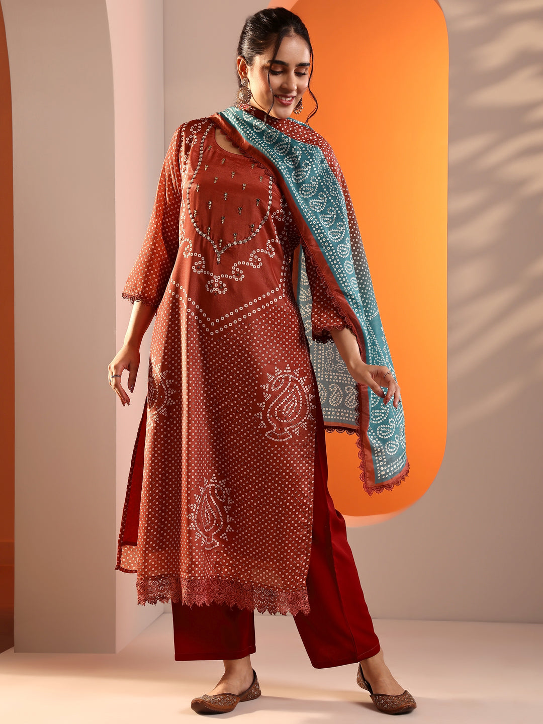  Rust Printed Chinon Straight Suit Set With Dupatta 