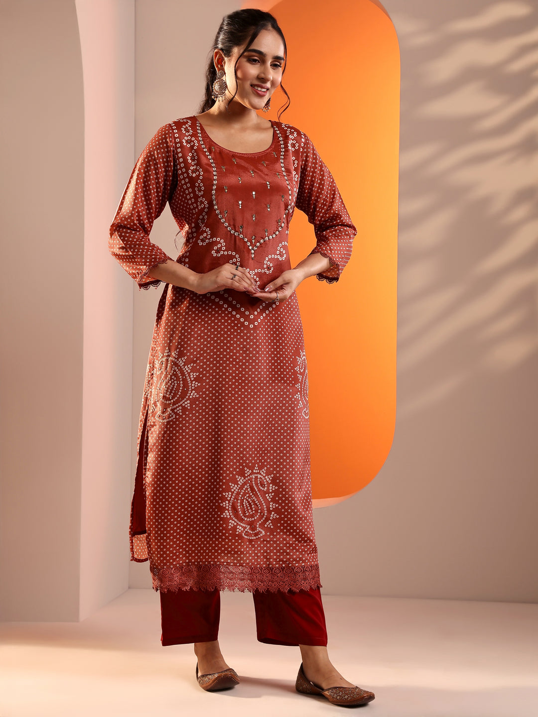  Rust Printed Chinon Straight Suit Set With Dupatta 