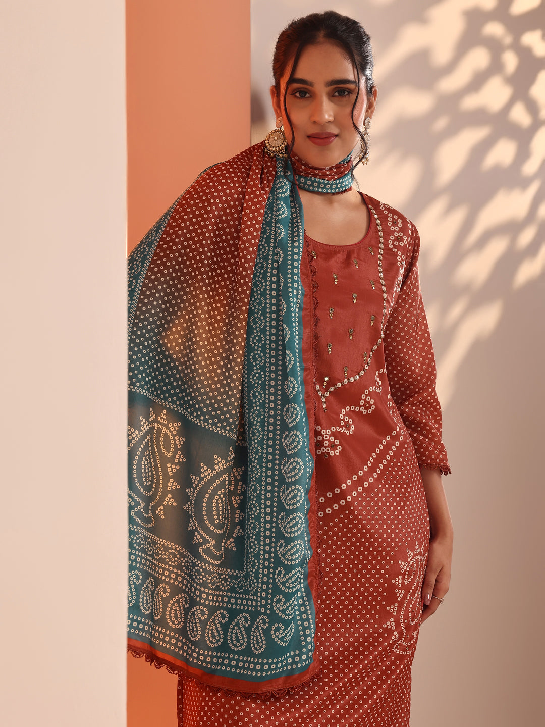  Rust Printed Chinon Straight Suit Set With Dupatta 
