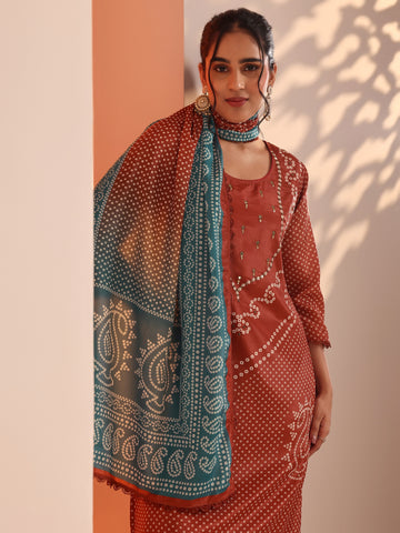 Rust Printed Chinon Straight Suit Set With Dupatta
