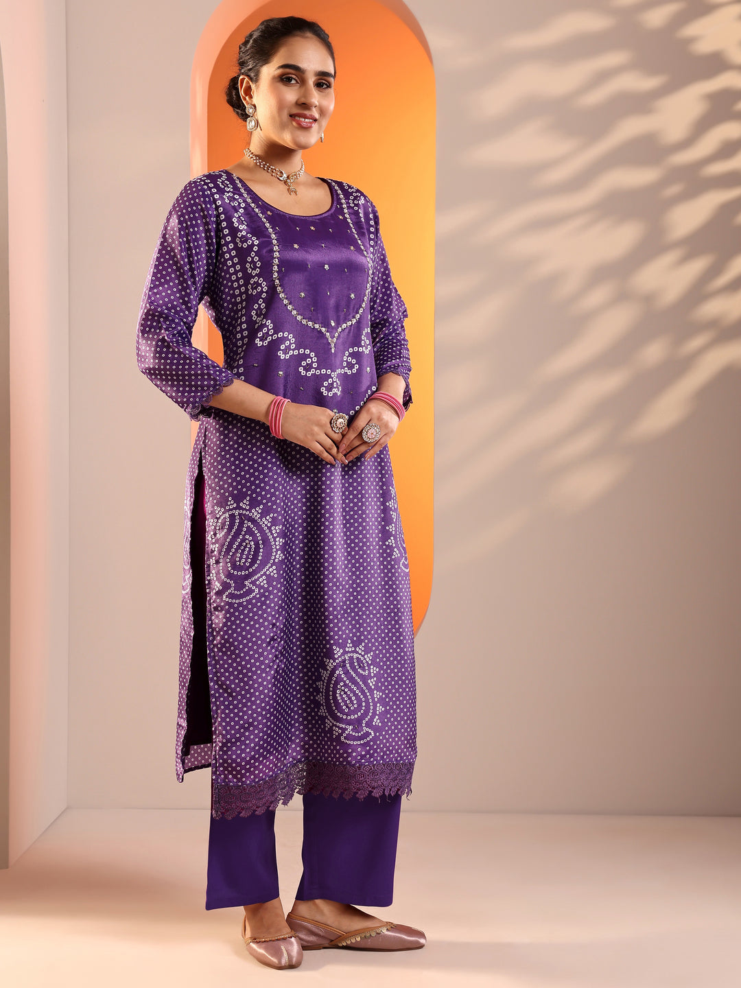  Purple Printed Chinon Straight Suit Set With Dupatta 