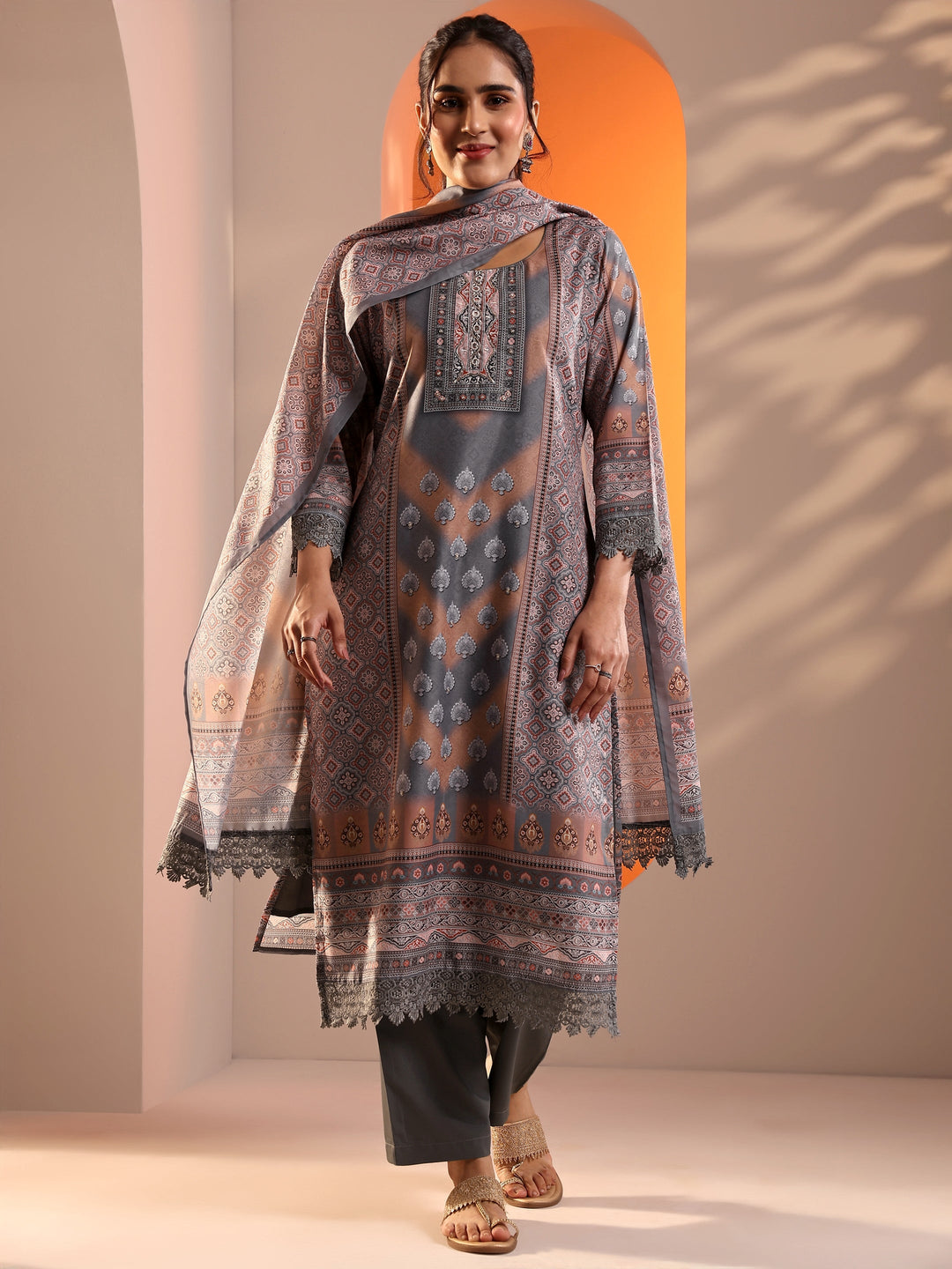  Grey Embroidered Crepe Straight Suit Set With Dupatta 
