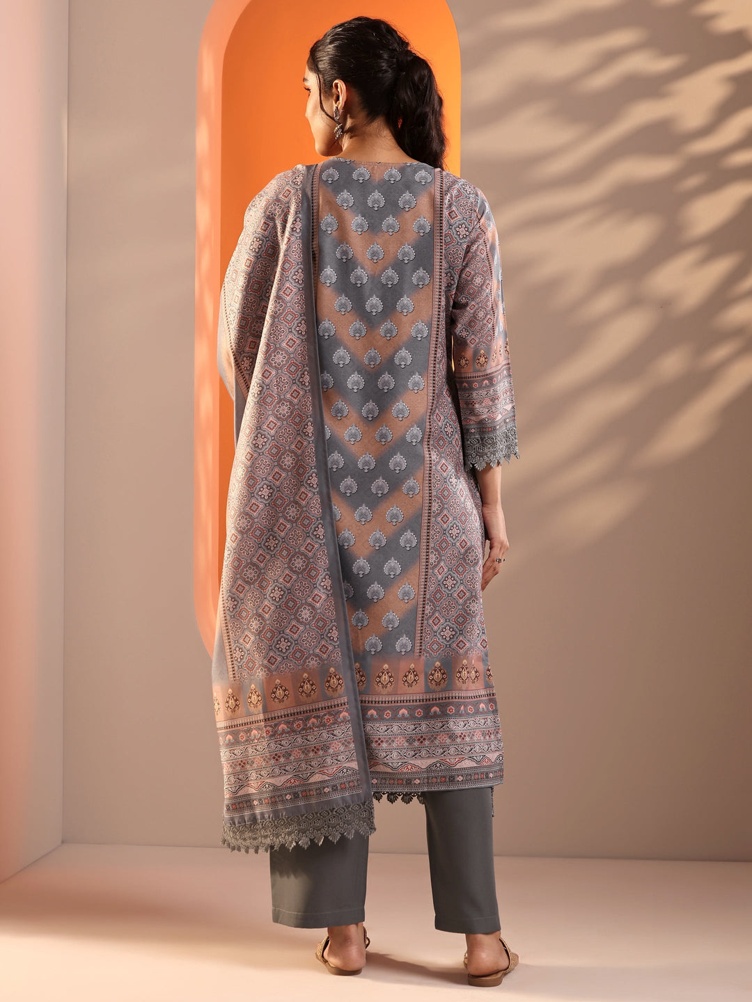  Grey Embroidered Crepe Straight Suit Set With Dupatta 