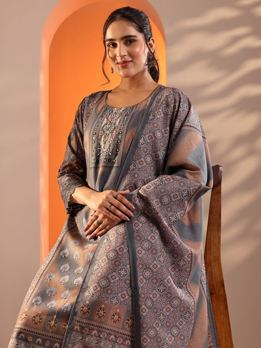  Grey Embroidered Crepe Straight Suit Set With Dupatta 