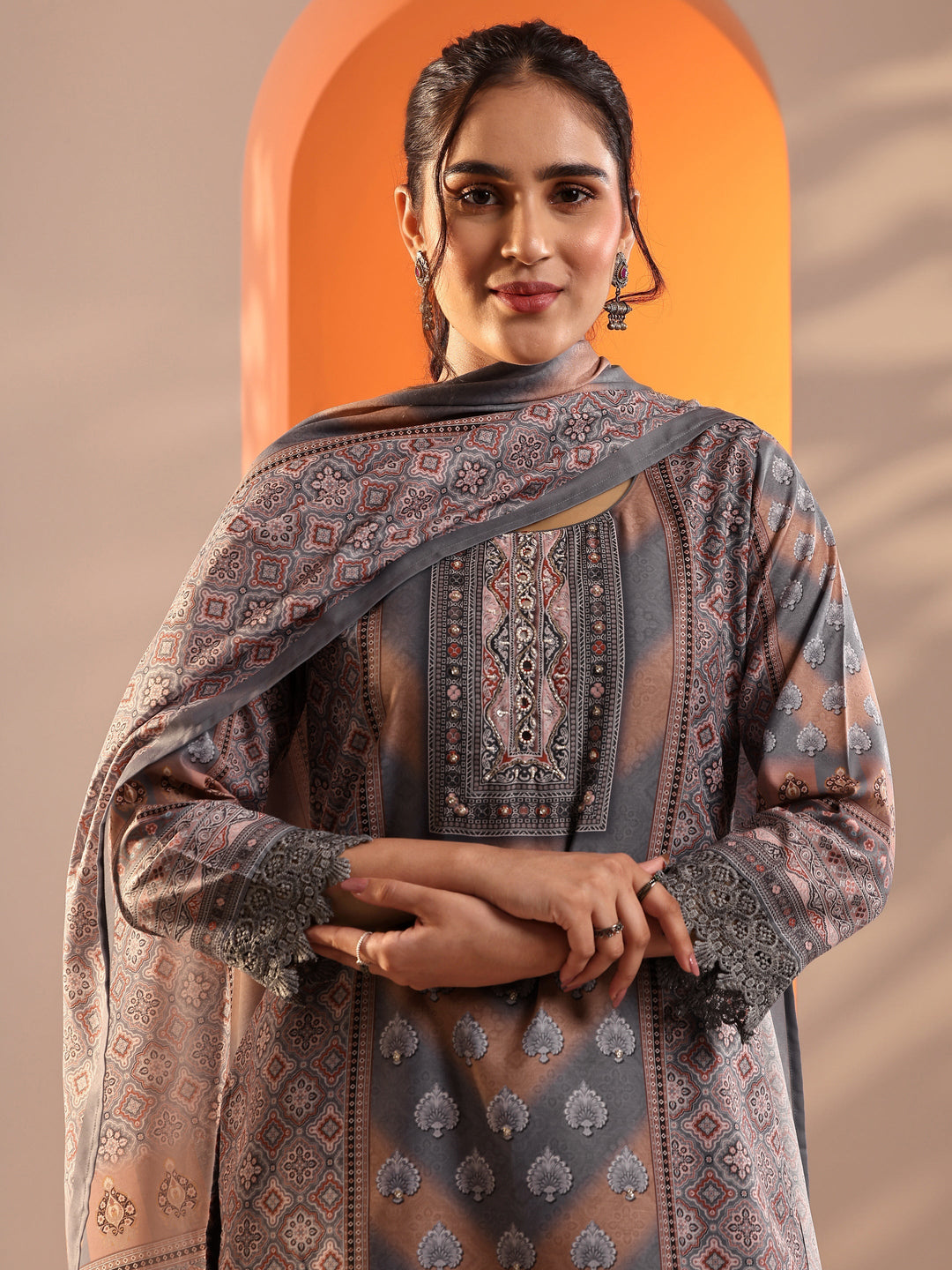 Grey Embroidered Crepe Straight Suit Set With Dupatta 