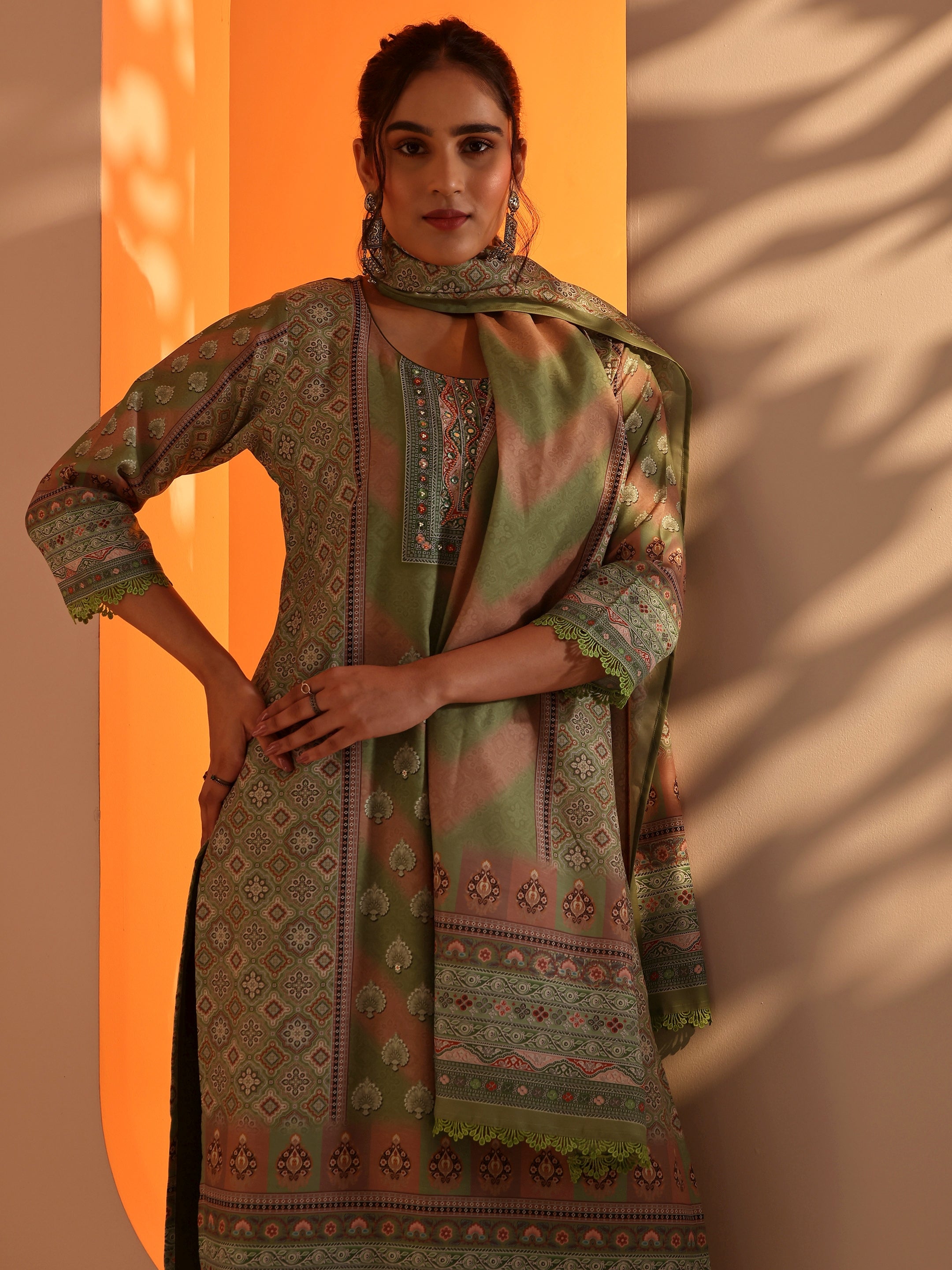 libas Green Embellished Crepe Straight Suit Set With Dupatta-picture-64
