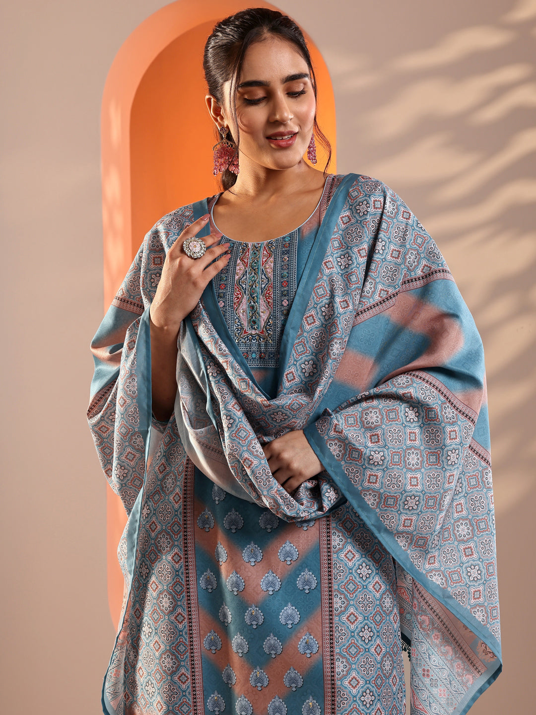  Blue Embellished Crepe Straight Suit Set With Dupatta 