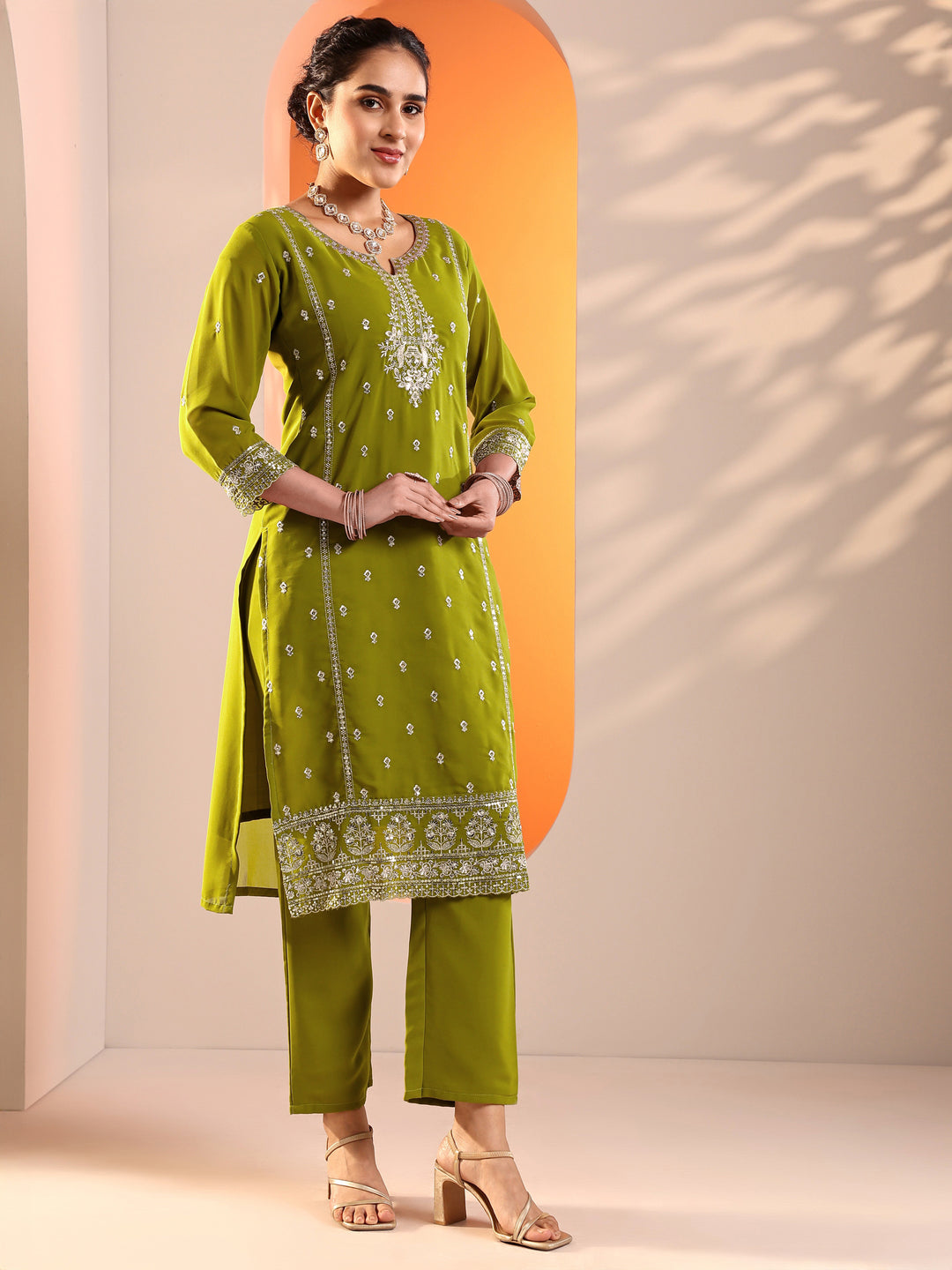  Green Embellished Georgette Straight Suit Set With Dupatta 