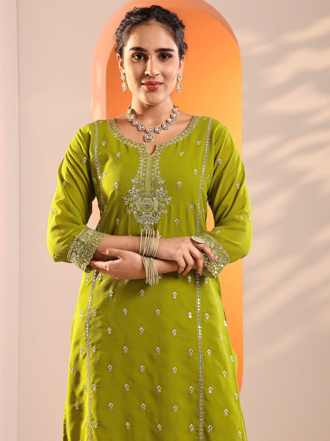  Green Embellished Georgette Straight Suit Set With Dupatta 