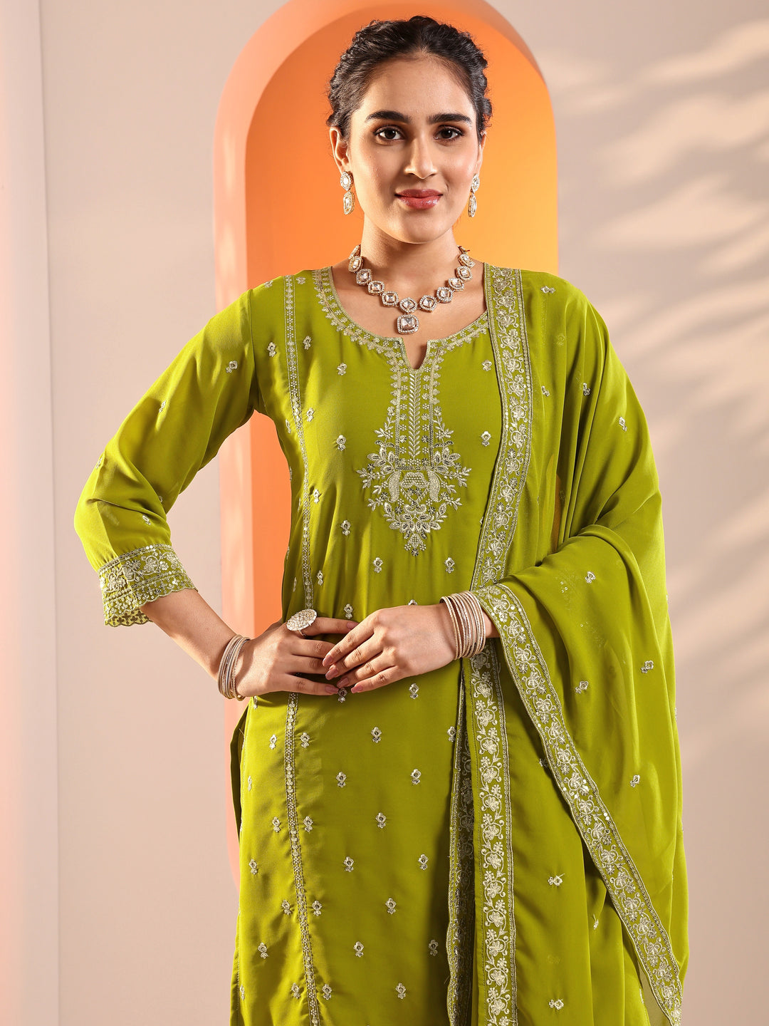  Green Embellished Georgette Straight Suit Set With Dupatta 