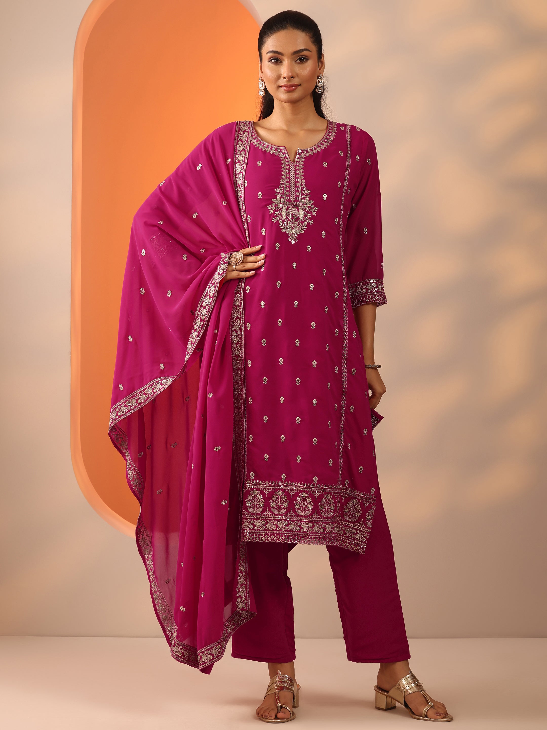 libas Pink Embellished Georgette Straight Suit Set With Dupatta-picture-10